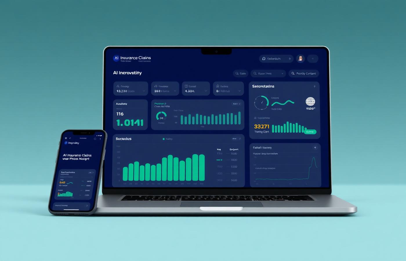 Mockup of an AI-assisted insurance claims dashboard on laptop and mobile